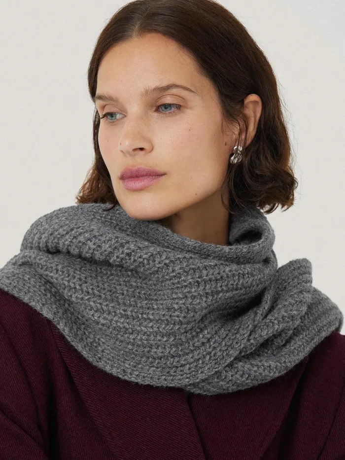 Women Chunky Fringed Scarf Grey Jigsaw Ponchos and Scarves