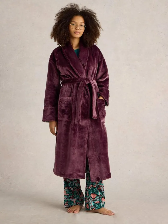Women Clover Cosy Dressing Gown Dark Purple White Stuff Nightwear