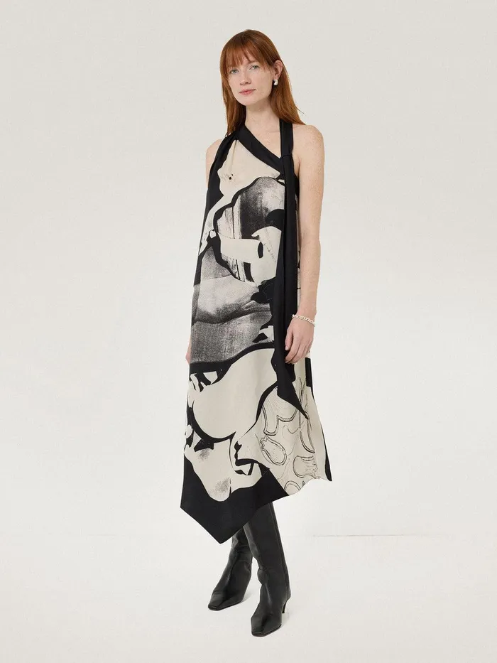 Women Collage Print Scarf Dress Monochrome Jigsaw Dresses and Jumpsuits