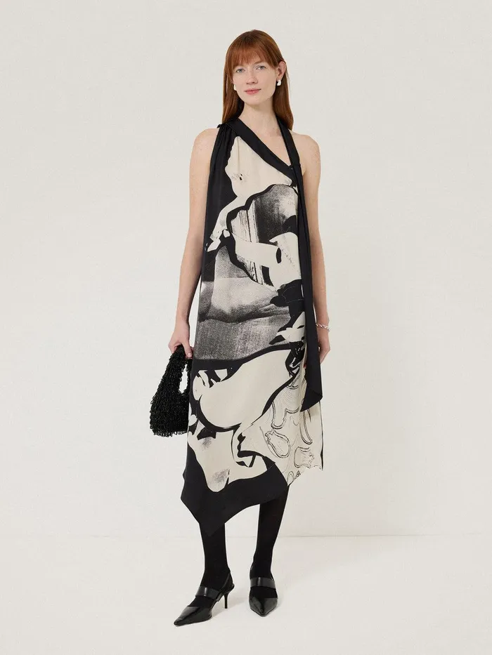 Women Collage Print Scarf Dress Monochrome Jigsaw Dresses and Jumpsuits
