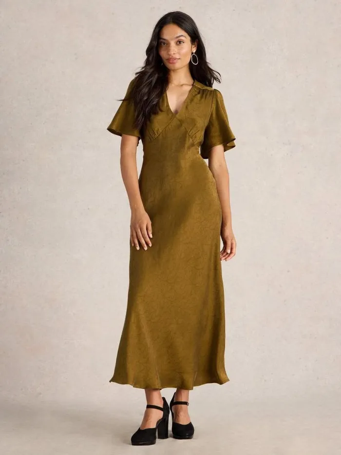 Women Darcy Bias Cut Dress Khaki Green White Stuff Dresses