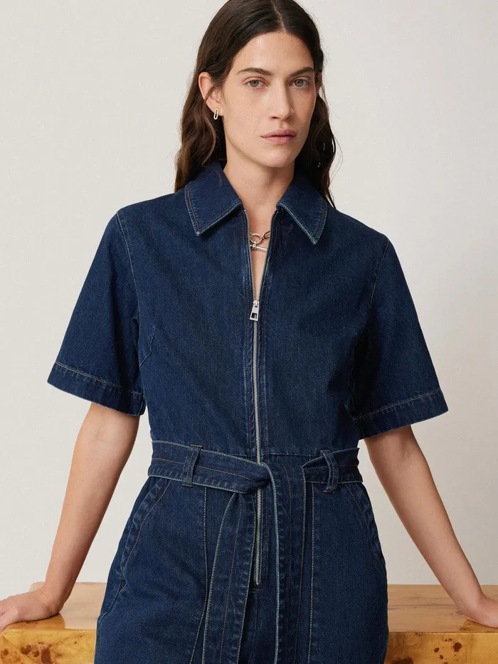 Women Denim Zip Front Jumpsuit Indigo Jigsaw Denim