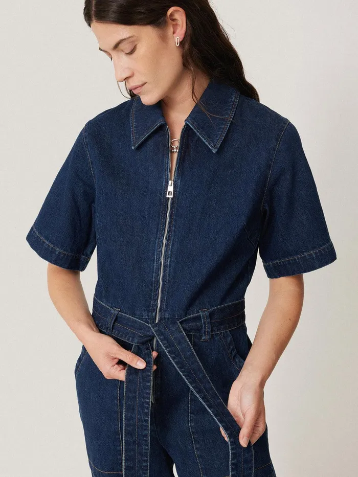 Women Denim Zip Front Jumpsuit Indigo Jigsaw Denim