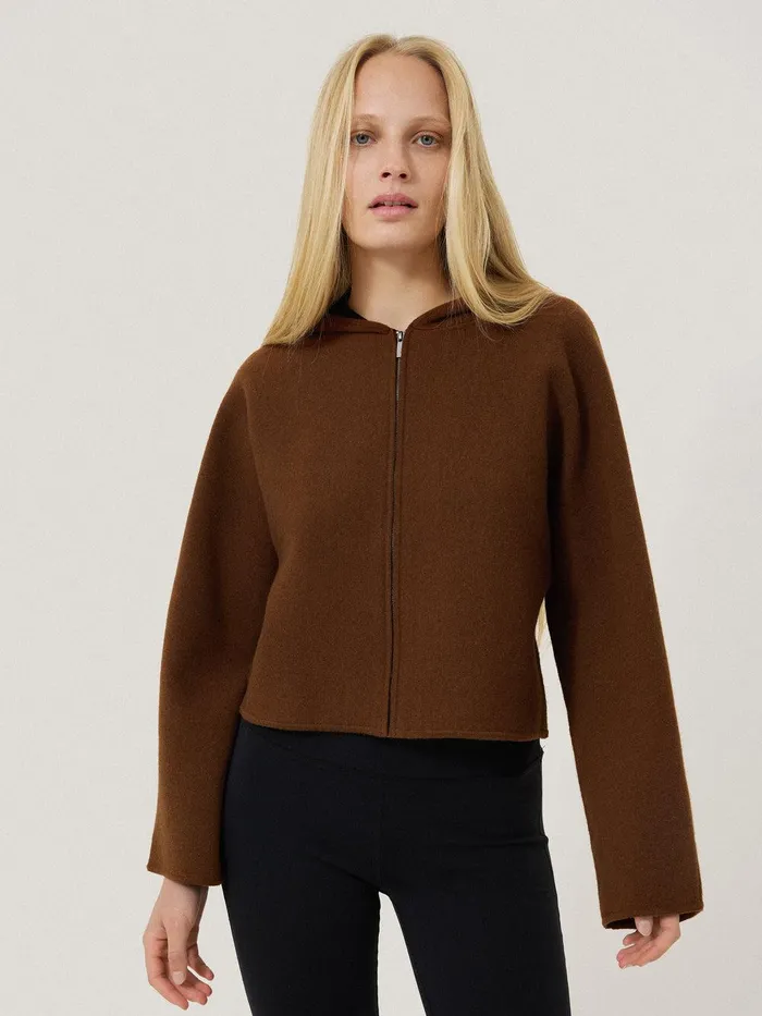 Women Double Face Zip Hoodie Brown Jigsaw Shirts and Tops