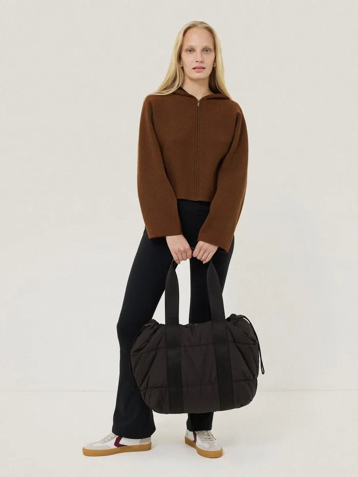 Women Double Face Zip Hoodie Brown Jigsaw Shirts and Tops