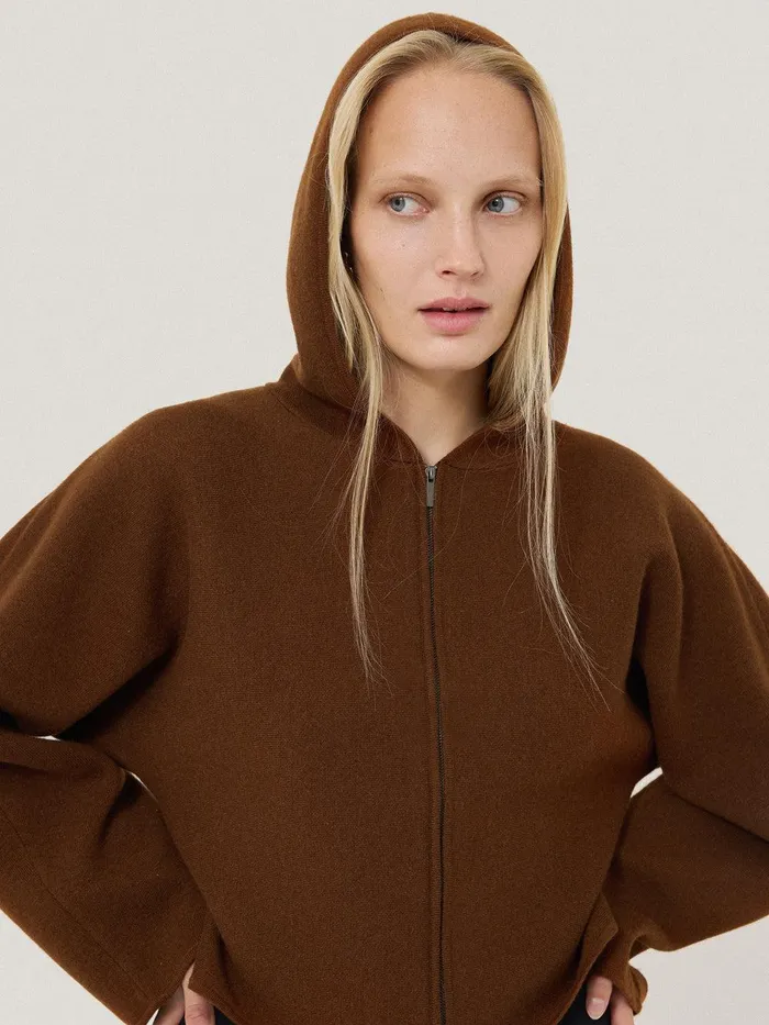 Women Double Face Zip Hoodie Brown Jigsaw Shirts and Tops