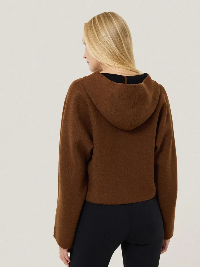 Women Double Face Zip Hoodie Brown Jigsaw Shirts and Tops