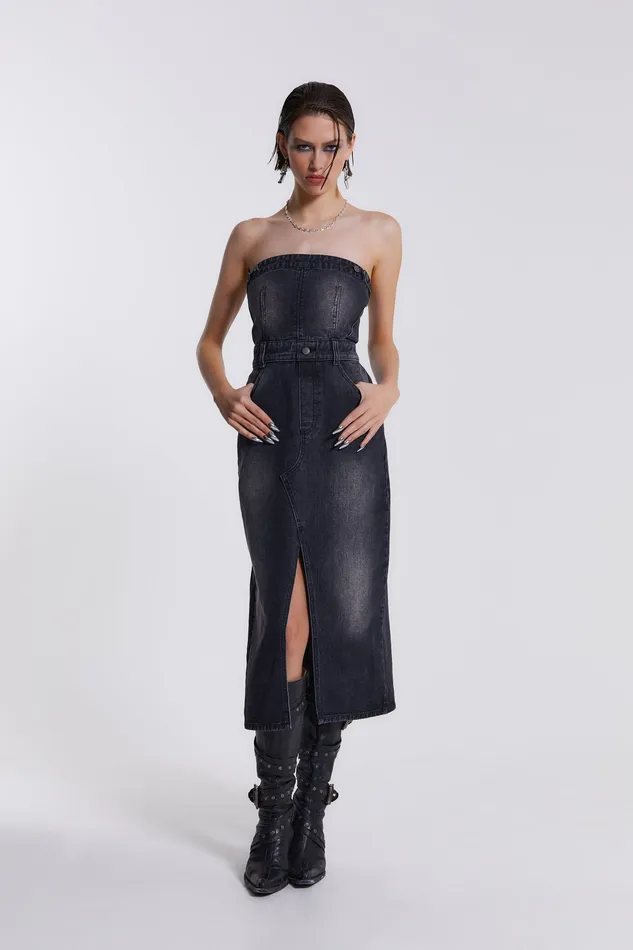 Women Dresses Jaded London Shop Liberty 2 In 1 Detachable Denim Black Midi Dress