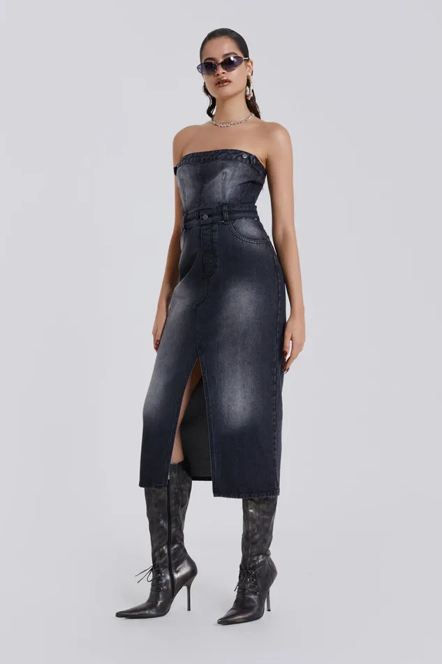 Women Dresses Jaded London Shop Liberty 2 In 1 Detachable Denim Black Midi Dress