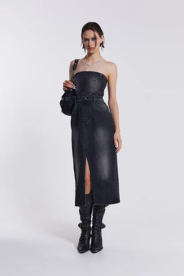 Women Dresses Jaded London Shop Liberty 2 In 1 Detachable Denim Black Midi Dress
