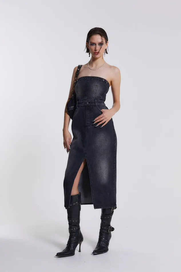 Women Dresses Jaded London Shop Liberty 2 In 1 Detachable Denim Black Midi Dress