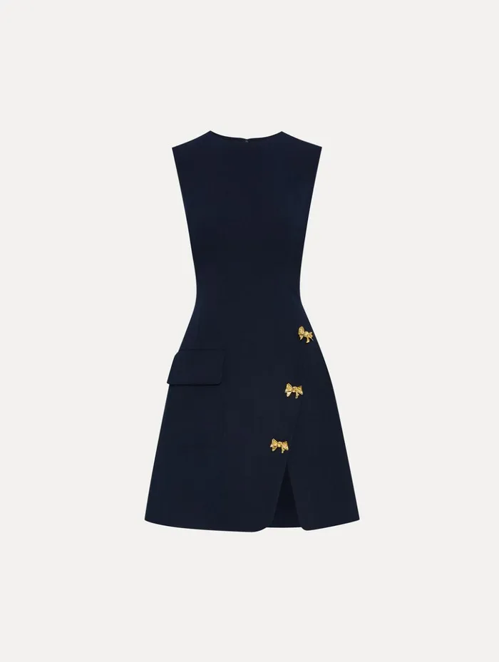 Women Dresses Oscar De La Renta Bow Button Split Skirt Dress Navy