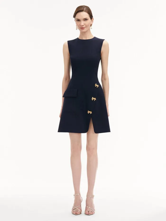 Women Dresses Oscar De La Renta Bow Button Split Skirt Dress Navy Women Dresses Oscar De La Renta Bow Button Split Skirt Dress Navy