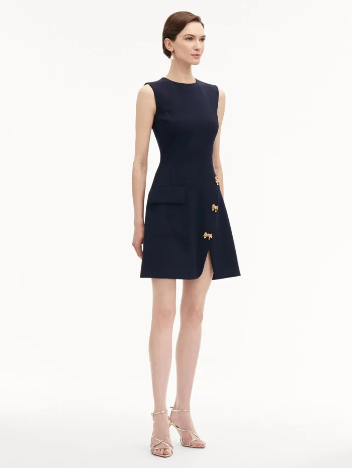 Women Dresses Oscar De La Renta Bow Button Split Skirt Dress Navy Women Dresses Oscar De La Renta Bow Button Split Skirt Dress Navy
