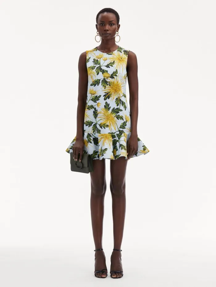 Women Dresses Oscar De La Renta Chrysanthemum Cotton Cloqu Dress Yellow Light Blue