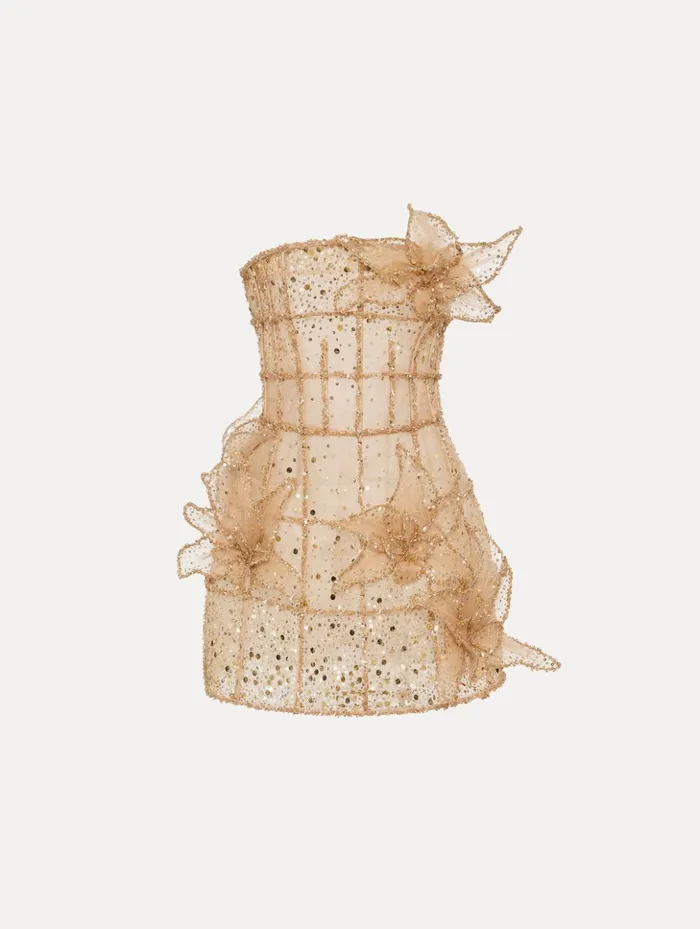 Women Dresses Oscar De La Renta Crystal Grid Orchid Cocktail Dress Gold