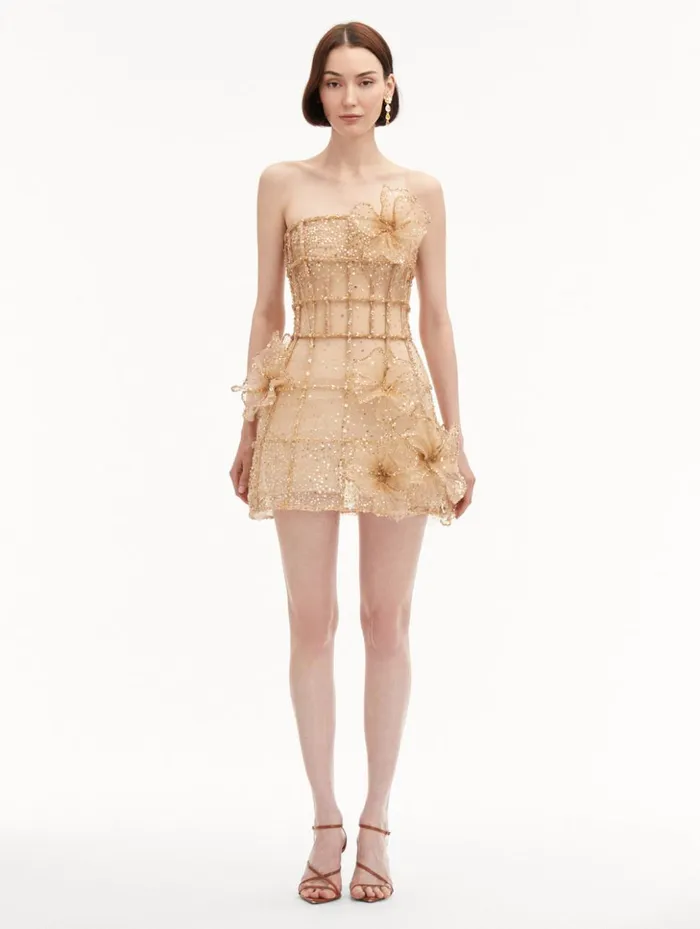 Women Dresses Oscar De La Renta Crystal Grid Orchid Cocktail Dress Gold