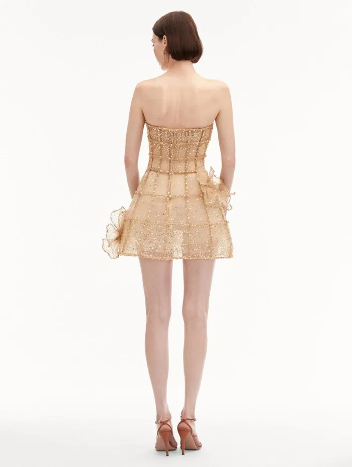 Women Dresses Oscar De La Renta Crystal Grid Orchid Cocktail Dress Gold