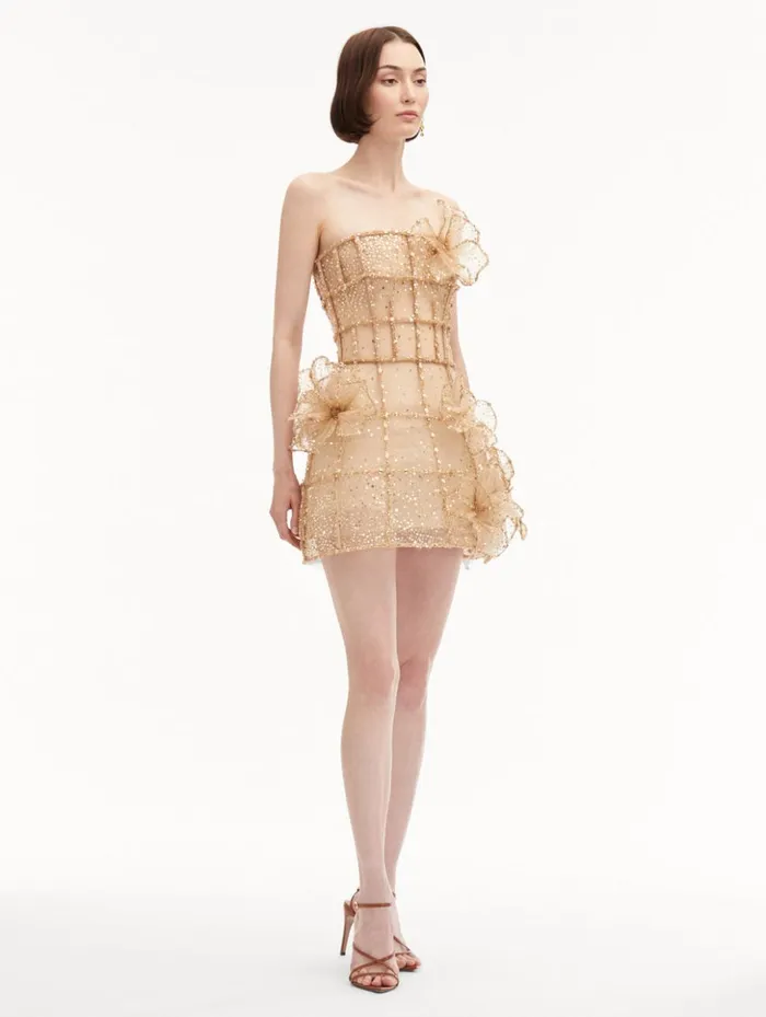 Women Dresses Oscar De La Renta Crystal Grid Orchid Cocktail Dress Gold