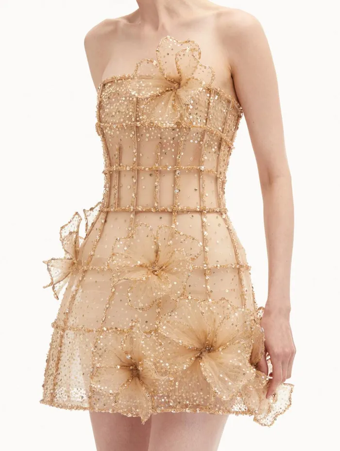 Women Dresses Oscar De La Renta Crystal Grid Orchid Cocktail Dress Gold