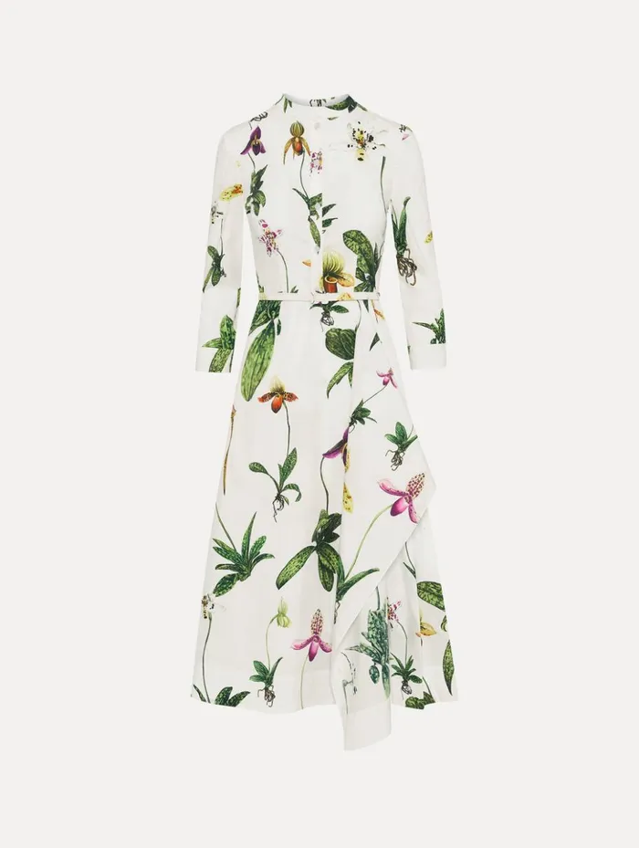 Women Dresses Oscar De La Renta Orchid Cotton Poplin 34 Sleeve Dress White Multi