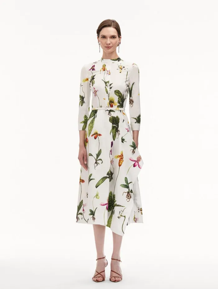 Women Dresses Oscar De La Renta Orchid Cotton Poplin 34 Sleeve Dress White Multi Women Dresses Oscar De La Renta Orchid Cotton Poplin 34 Sleeve Dress White Multi