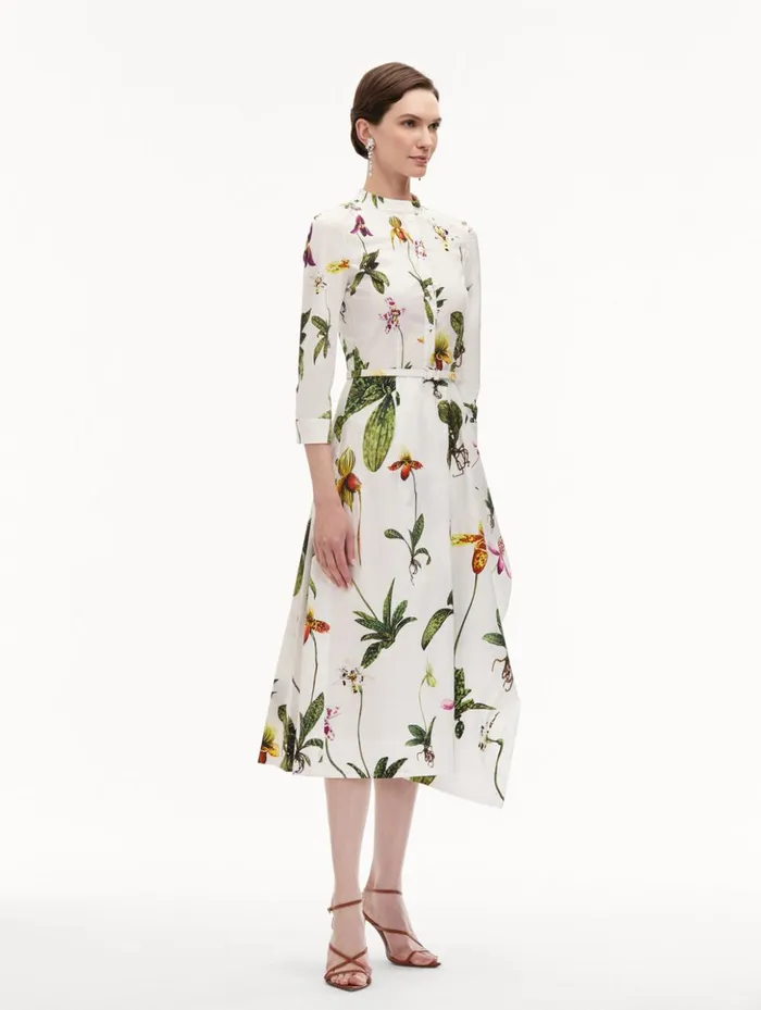 Women Dresses Oscar De La Renta Orchid Cotton Poplin 34 Sleeve Dress White Multi Women Dresses Oscar De La Renta Orchid Cotton Poplin 34 Sleeve Dress White Multi