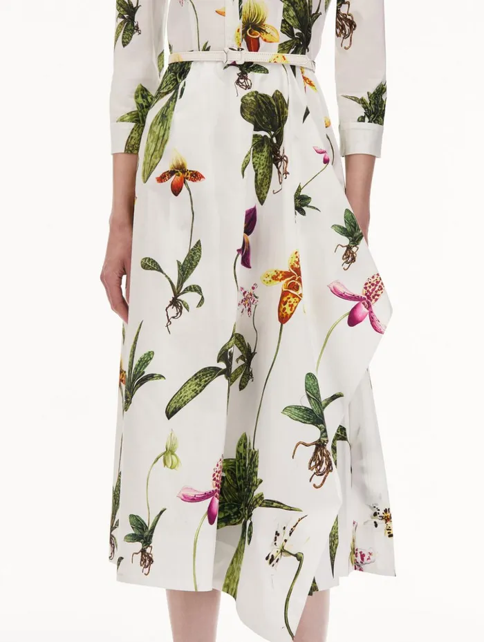 Women Dresses Oscar De La Renta Orchid Cotton Poplin 34 Sleeve Dress White Multi Women Dresses Oscar De La Renta Orchid Cotton Poplin 34 Sleeve Dress White Multi
