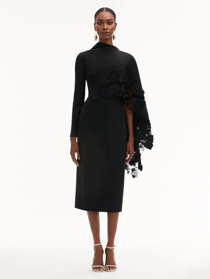 Women Dresses Oscar De La Renta Orchid Guipure Cape Midi Dress Black Women Dresses Oscar De La Renta Orchid Guipure Cape Midi Dress Black