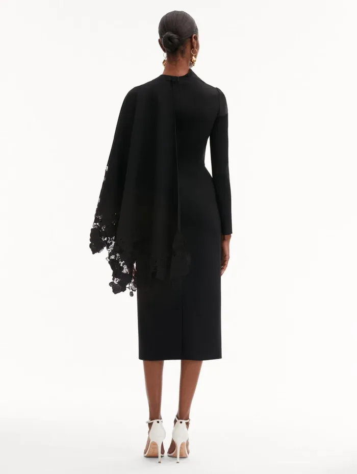 Women Dresses Oscar De La Renta Orchid Guipure Cape Midi Dress Black Women Dresses Oscar De La Renta Orchid Guipure Cape Midi Dress Black