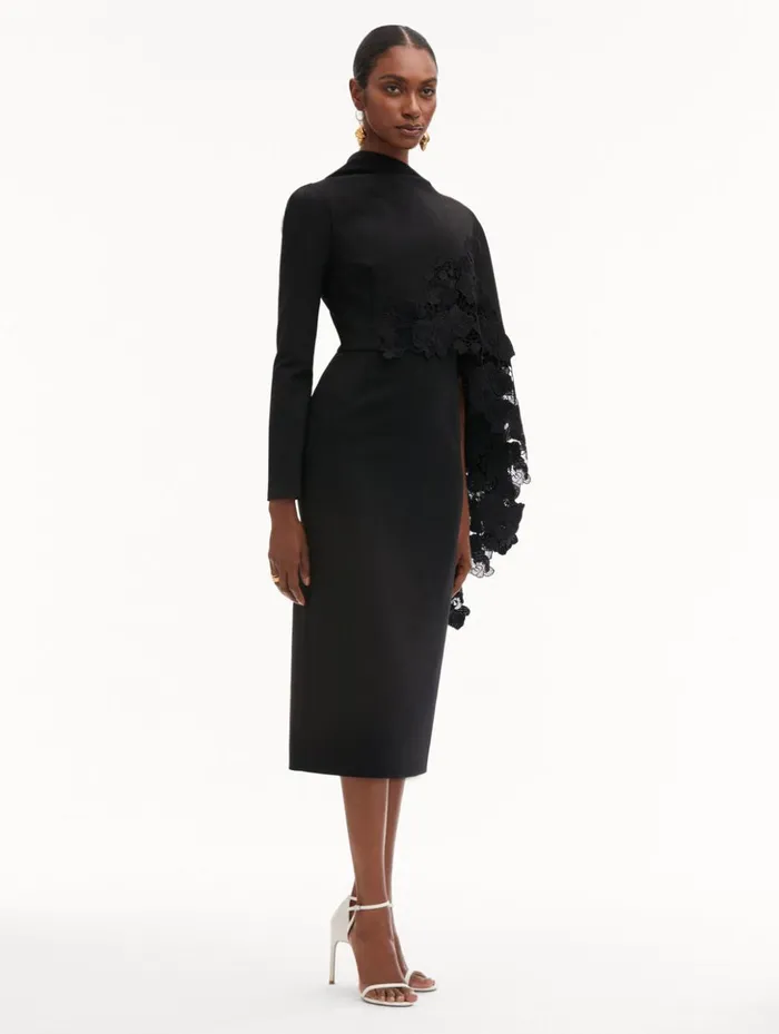 Women Dresses Oscar De La Renta Orchid Guipure Cape Midi Dress Black Women Dresses Oscar De La Renta Orchid Guipure Cape Midi Dress Black