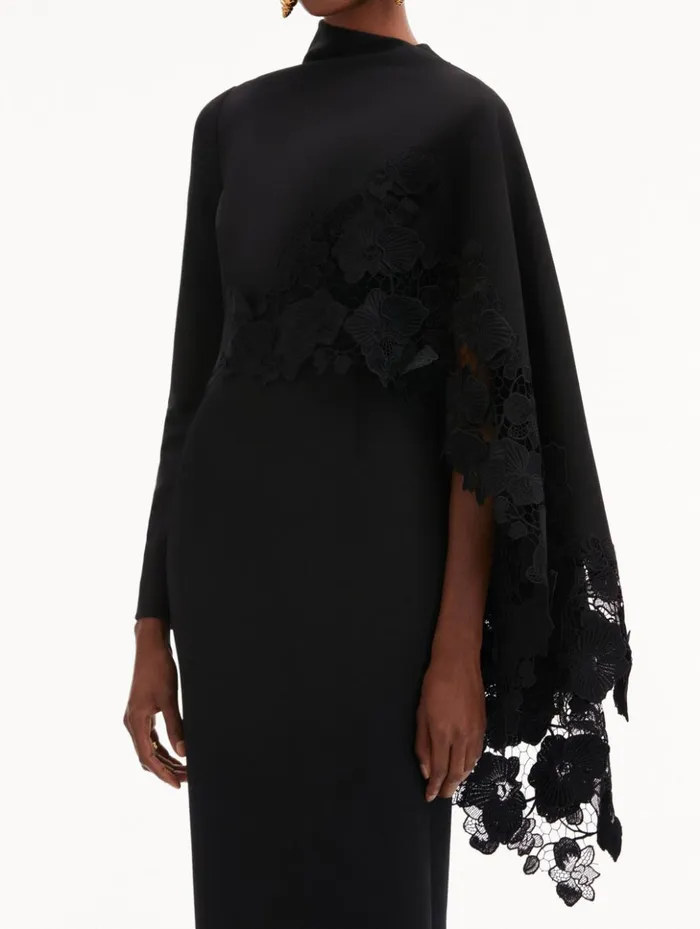 Women Dresses Oscar De La Renta Orchid Guipure Cape Midi Dress Black Women Dresses Oscar De La Renta Orchid Guipure Cape Midi Dress Black