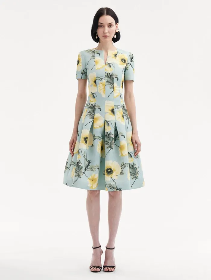 Women Dresses Oscar De La Renta Poppy Faille Split Neck Dress Sage Yellow