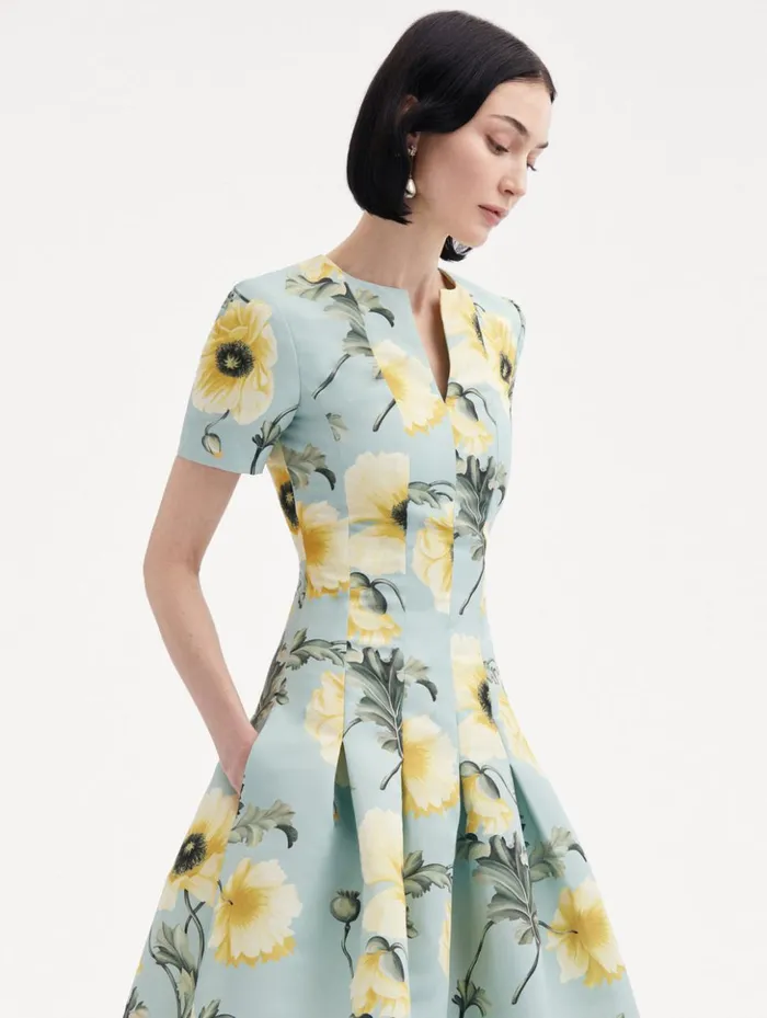 Women Dresses Oscar De La Renta Poppy Faille Split Neck Dress Sage Yellow