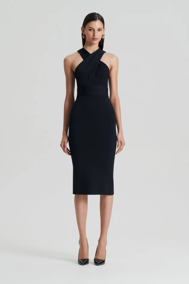 Women Dresses Scanlan Theodore CREPE KNIT WRAP NECK DRESS BLACK