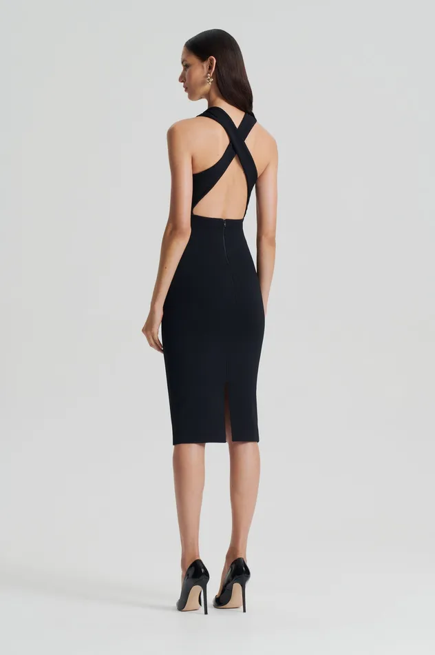 Women Dresses Scanlan Theodore CREPE KNIT WRAP NECK DRESS BLACK
