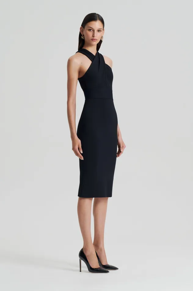 Women Dresses Scanlan Theodore CREPE KNIT WRAP NECK DRESS BLACK