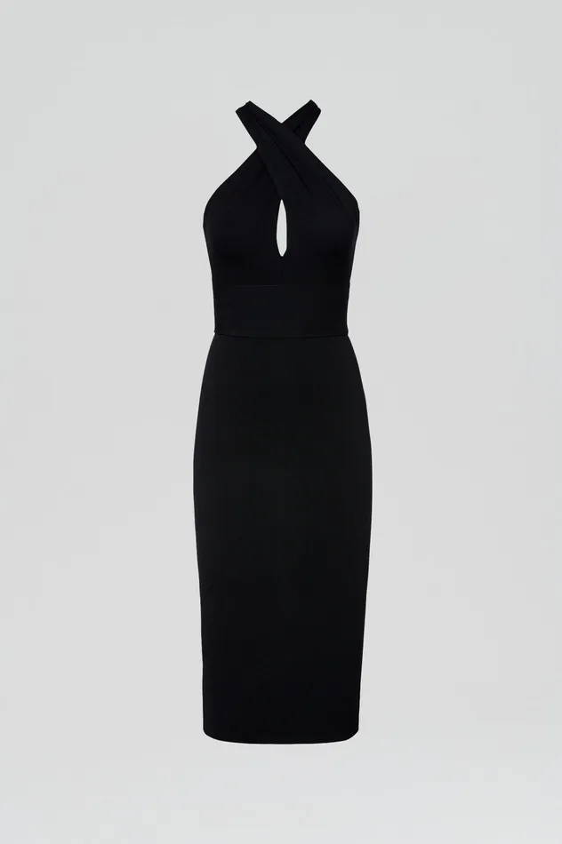 Women Dresses Scanlan Theodore CREPE KNIT WRAP NECK DRESS BLACK