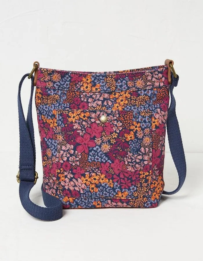 Women FatFace Bags and Wallets Floral Mini Crossbody Canvas Bag Purple
