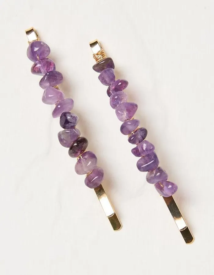 Women FatFace Hair Accessories 2 Pack Stone Slides Purple