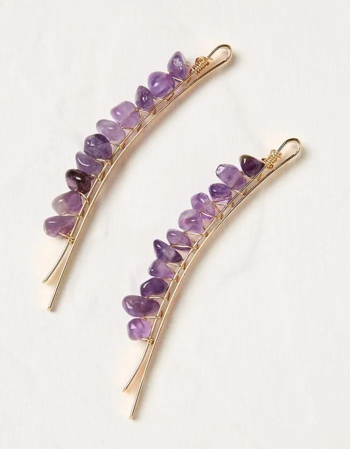 Women FatFace Hair Accessories 2 Pack Stone Slides Purple