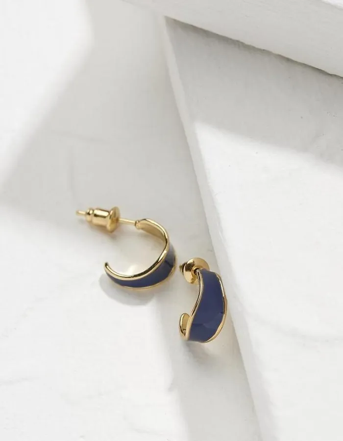 Women FatFace Jewelry Enamel Huggy Hoop Earrings Navy