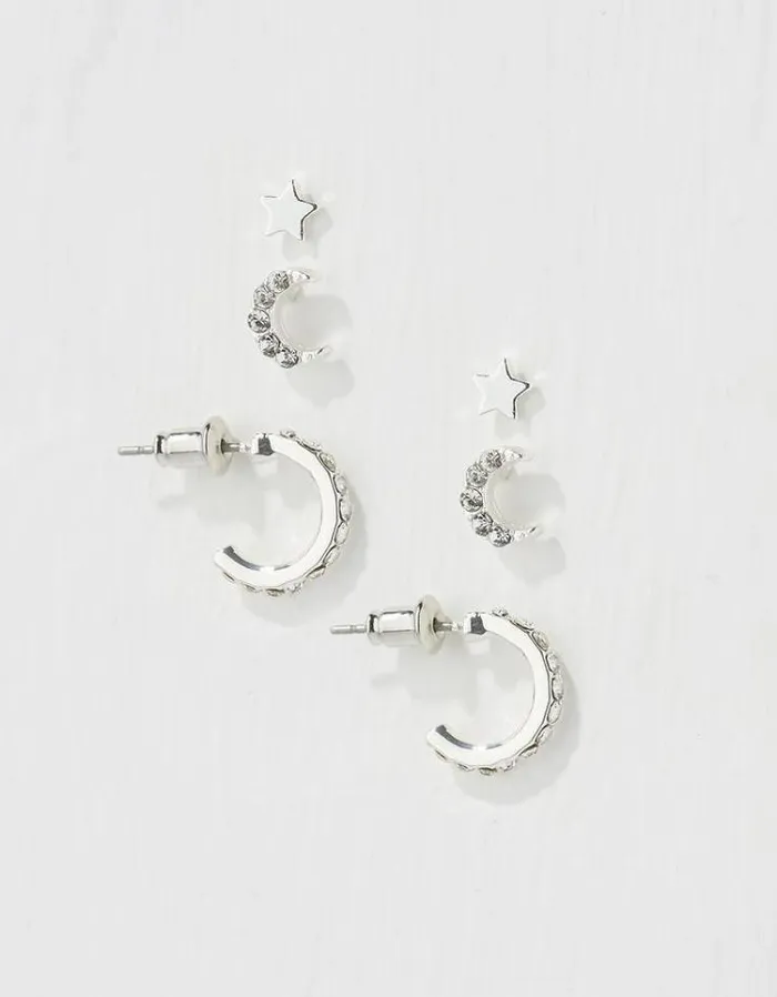Women FatFace Jewelry Star Moon Multi Pack Earrings Silver