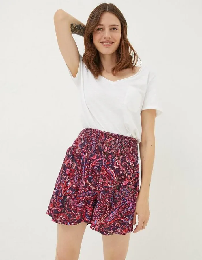 Women FatFace Shorts Bright Paisley Shirred Waist Shorts Purple