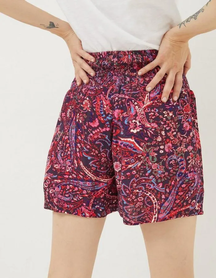 Women FatFace Shorts Bright Paisley Shirred Waist Shorts Purple