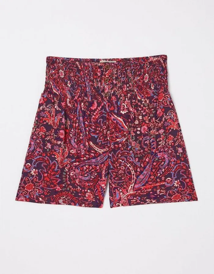 Women FatFace Shorts Bright Paisley Shirred Waist Shorts Purple