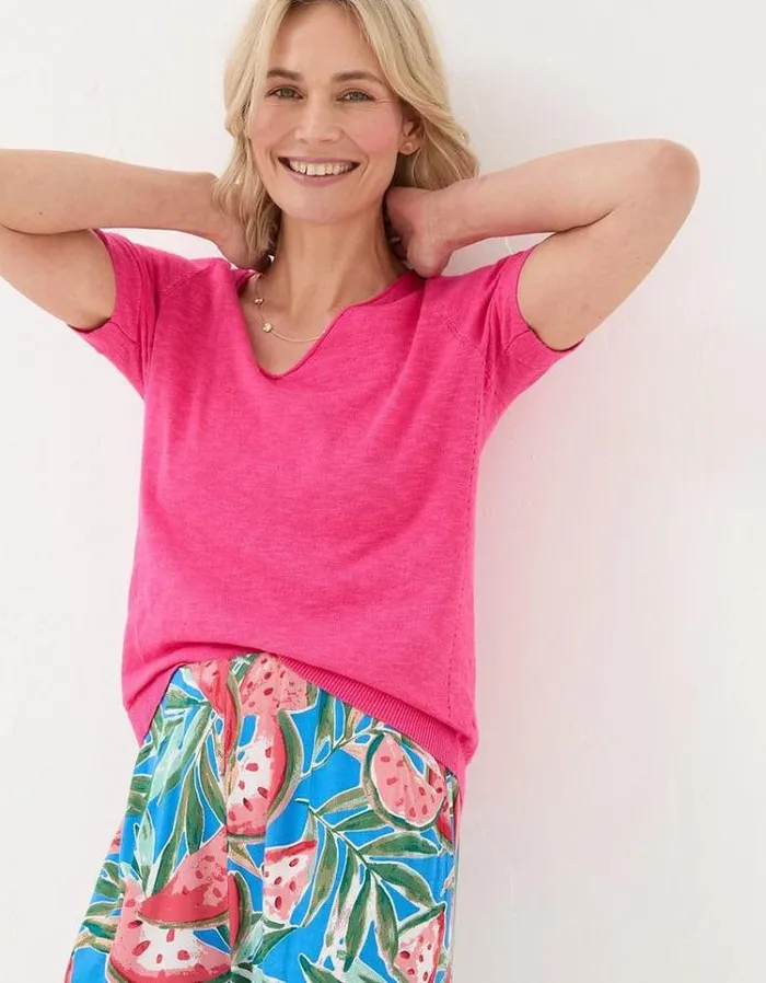 Women FatFace Tops and TShirts Twisted Cuff Knit Tee Fuchsia Pink