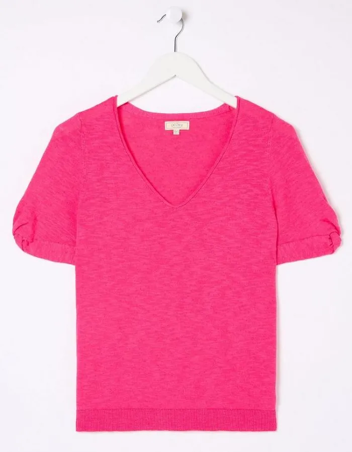 Women FatFace Tops and TShirts Twisted Cuff Knit Tee Fuchsia Pink