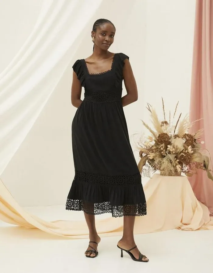 Women FatFace Vacation Shop Hibiscus Lace Midi Dress Black