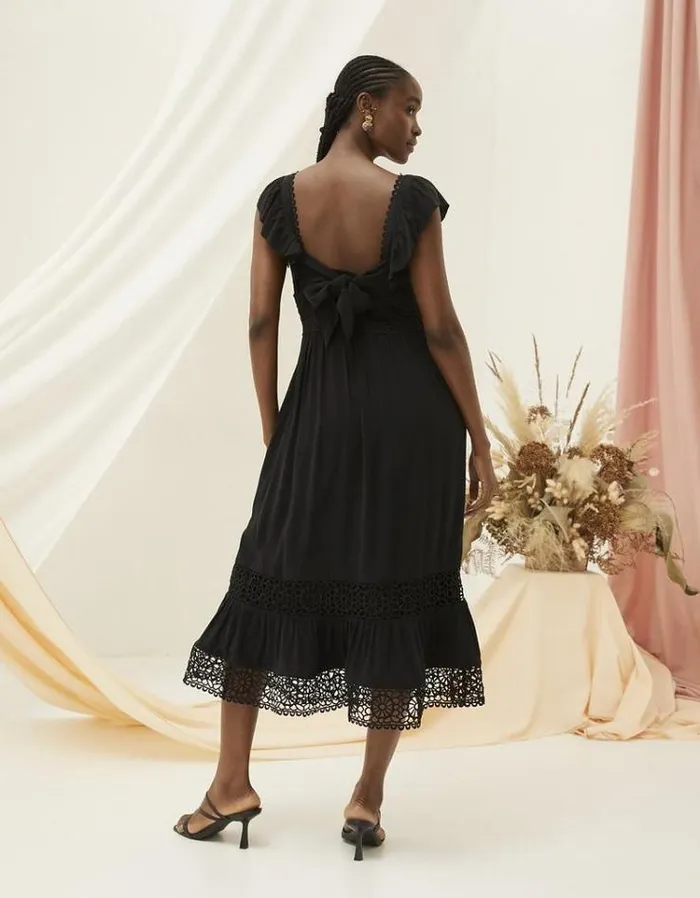 Women FatFace Vacation Shop Hibiscus Lace Midi Dress Black